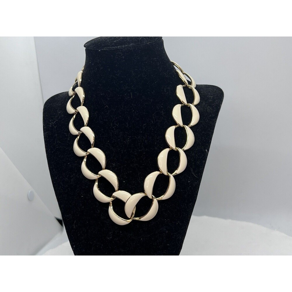 Vintage Napier Enamel White Links Flat Gold Chain Necklace
